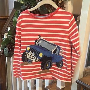 Mini Boden Striped Red and White Long Sleeve Shirt with Blue Jeep Design